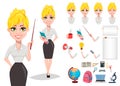 Cheerful female teacher character creation set.