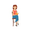 Cheerful Female Teacher Sitting on Chair and Reading Book Vector Illustration