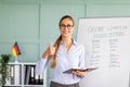 Cheerful female tutor recommending foreign languages school, showing thumb up, giving German lesson and smiling Royalty Free Stock Photo