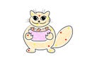 Cheerful festive cat with food. Cartoon character, funny illustration, vector for holiday design