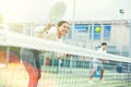 Young girl paddle tennis player performing forehand