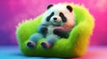 A cheerful fluffy panda is resting in a green plush chair on a pink neon background