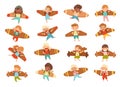 Cheerful Flying Kids with Improvised Fake Wings Playing Big Vector Set
