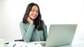 Cheerful freelance Asian woman thinking get idea work using laptop pc on desk over white background. Student young girl use Royalty Free Stock Photo