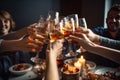 Cheerful friends clinking glasses above dinner table. Alcohol and toasting, party and celebration theme. Generative AI. Royalty Free Stock Photo