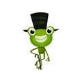 Cheerful frog with black top hat and cane. Funny green toad with happy face expression. Flat vector design for children