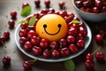 Cheerful fruit art smiley face with cherries and orange on white plate Royalty Free Stock Photo