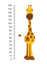 Cheerful funny giraffe with long neck. Height meter or meter wall or wall sticker from 0 to 150 centimeters to measure Royalty Free Stock Photo