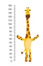 Cheerful funny giraffe with long neck. Height meter or meter wall or wall sticker from 0 to 150 centimeters to measure Royalty Free Stock Photo