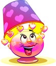 Cheerful, funny table lamp-night light. The lamp of love and happiness. Cartoon pink character with heart pendants.