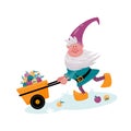 Cheerful garden gnome carries a cart of apples and loses them along the way.
