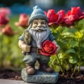 Cheerful garden gnome with a single red rose in his hand. AI-generated.