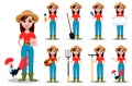 Cheerful gardener woman rancher, set of nine poses