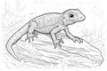 A cheerful gecko with detailed scales and expressive eyes sits on the forest floor amongst foliage, designed for coloring