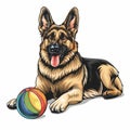 Cheerful german shepherd dog with colorful toy ball icon in cartoon sketch style on white background Royalty Free Stock Photo