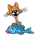 Cheerful ginger cat lunch looking big fish caricature isolated image animal