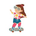 Cheerful Girl Athlete in Sunglasses Skateboarding Outdoor Vector Illustration