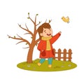 Cheerful Girl in Coat and Rubber Boots Enjoying Spring Season Watching Bird Fluttering Around Vector Illustration