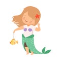 Cheerful Girl Dressed in Mermaid Costume Showing Handcrafted Paper Fish Vector Illustration