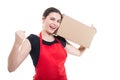 Cheerful girl employee with cardboard box Royalty Free Stock Photo