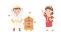 Cheerful Girl in Glasses with Books and Boy with Beehive Depicting Teacher and Beekeeper Profession Vector Set