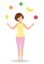 Cheerful girl juggles with fruits and vegetables. Healthy lifestyle