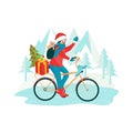 A cheerful girl rides a bicycle and carries gifts. Template for Christmas, New Year. Vector illustration
