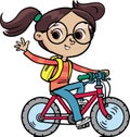 Cheerful girl rides a bicycle and waves Royalty Free Stock Photo