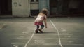 A girl playing hopscotch on a pavement with chalk markings created with Generative AI