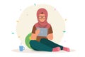 Cheerful Girl using digital tablet, happy woman, Islamic girl face in hijab, creative people, working at home, study, social netwo