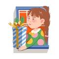 Cheerful Girl in the Window Giving Wrapped Gift Box to Somebody Vector Illustration