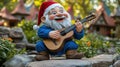 Cheerful gnome plays guitar outdoors Royalty Free Stock Photo