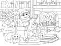 Cheerful gnome is reading a book in an armchair. Cozy room, library. Raster, page for printable children coloring book. Royalty Free Stock Photo