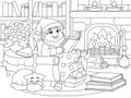 Cheerful gnome is reading a book in an armchair. Cozy room, library. Vector, page for printable children coloring book. Royalty Free Stock Photo