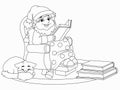 Cheerful gnome is reading a book in an armchair. Cozy room. Raster, page for printable children coloring book. Royalty Free Stock Photo