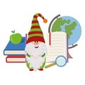 a cheerful gnome stands against the background of a globe and books, a vector isolated illustration in the style of flat