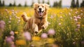 cheerful Golden Retriever dog run in the field of flowers