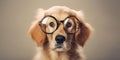 Cheerful golden retriever puppy wearing spectacles and looking into the camera Royalty Free Stock Photo