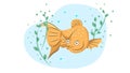 Cheerful goldfish swims in the water among the algae