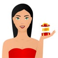 Cheerful good looking young woman holding a red gift box in her hands, but against a white background. The concept of
