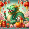 A cheerful and graceful green dragon, chinese new year wood element, red lampion, sakura flower petals, mandaein orange fruit Royalty Free Stock Photo