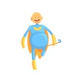 Cheerful grandfather with stick in hand dressed in classic superhero suit with yellow mantle. Toothless old man