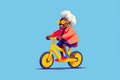 cheerful grandmother rides a bicycle. In cartoon style. .