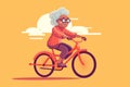 cheerful grandmother rides a bicycle. In cartoon style. .