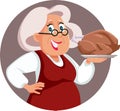 Happy Granny Holding a Festive Roasted Turkey Vector Cartoon Illustration