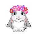 Cheerful gray rabbit with a wreath of flowers