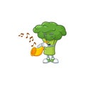 Cheerful green broccoli cartoon character performance with trumpet