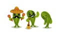 Cheerful Green Cactus Character Wearing Sombrero Hat and Playing Maraca Vector Set