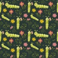 Cheerful Green Caterpillar in Flowers. Childrens illustration. Seamless Pattern with Butterfly Larva. Caterpillar with a