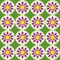 Cheerful green, red, and yellow flower pattern with stylized geometric design and playful floral
